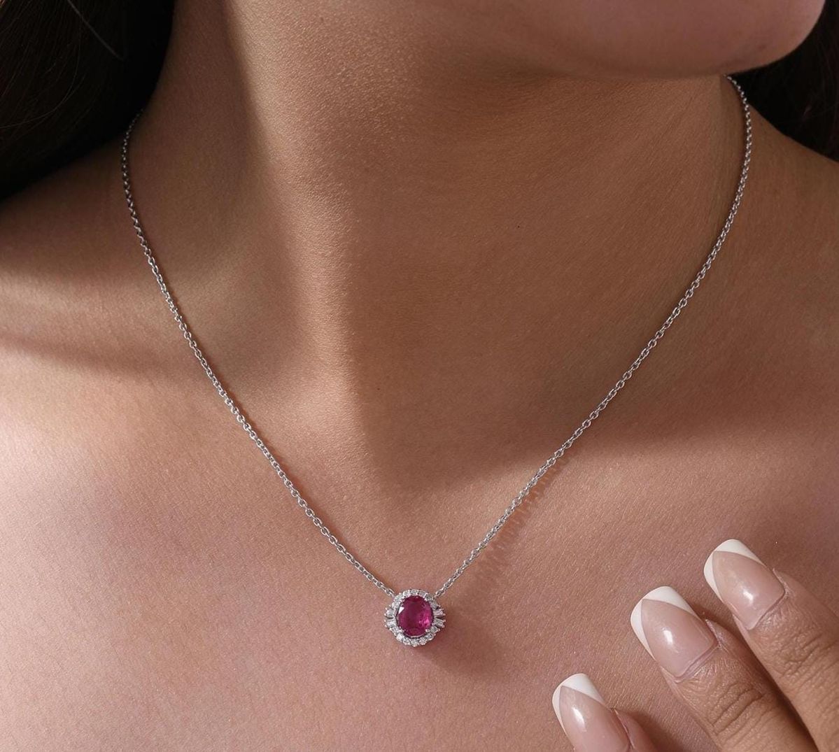 Oval Ruby Pendant Set with Diamond Halo