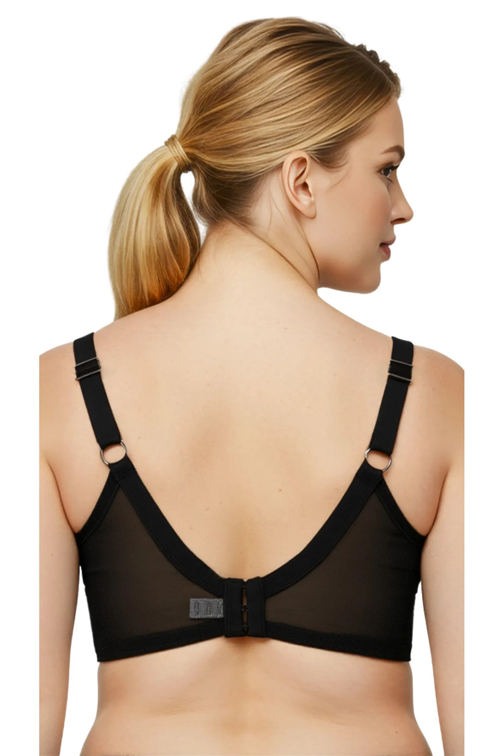 Daisy Non Padded Minimizer Bra Black – Back view on model showing mesh back panel and ring-detail straps