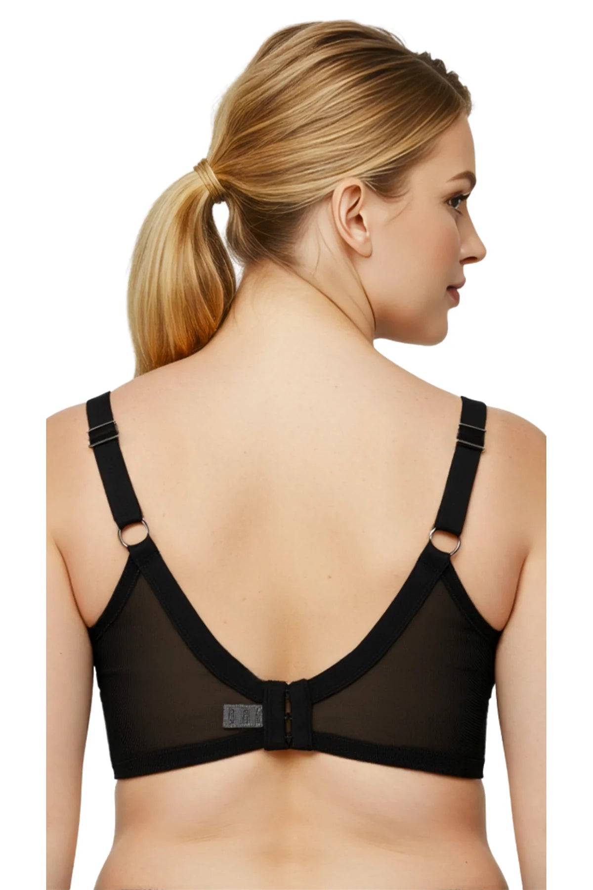 Daisy Non Padded Minimizer Bra Black – Back view on model showing mesh back panel and ring-detail straps