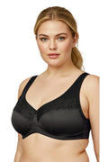 Daisy Non Padded Minimizer Bra Black – Front view on model showing full coverage cups with lace overlay