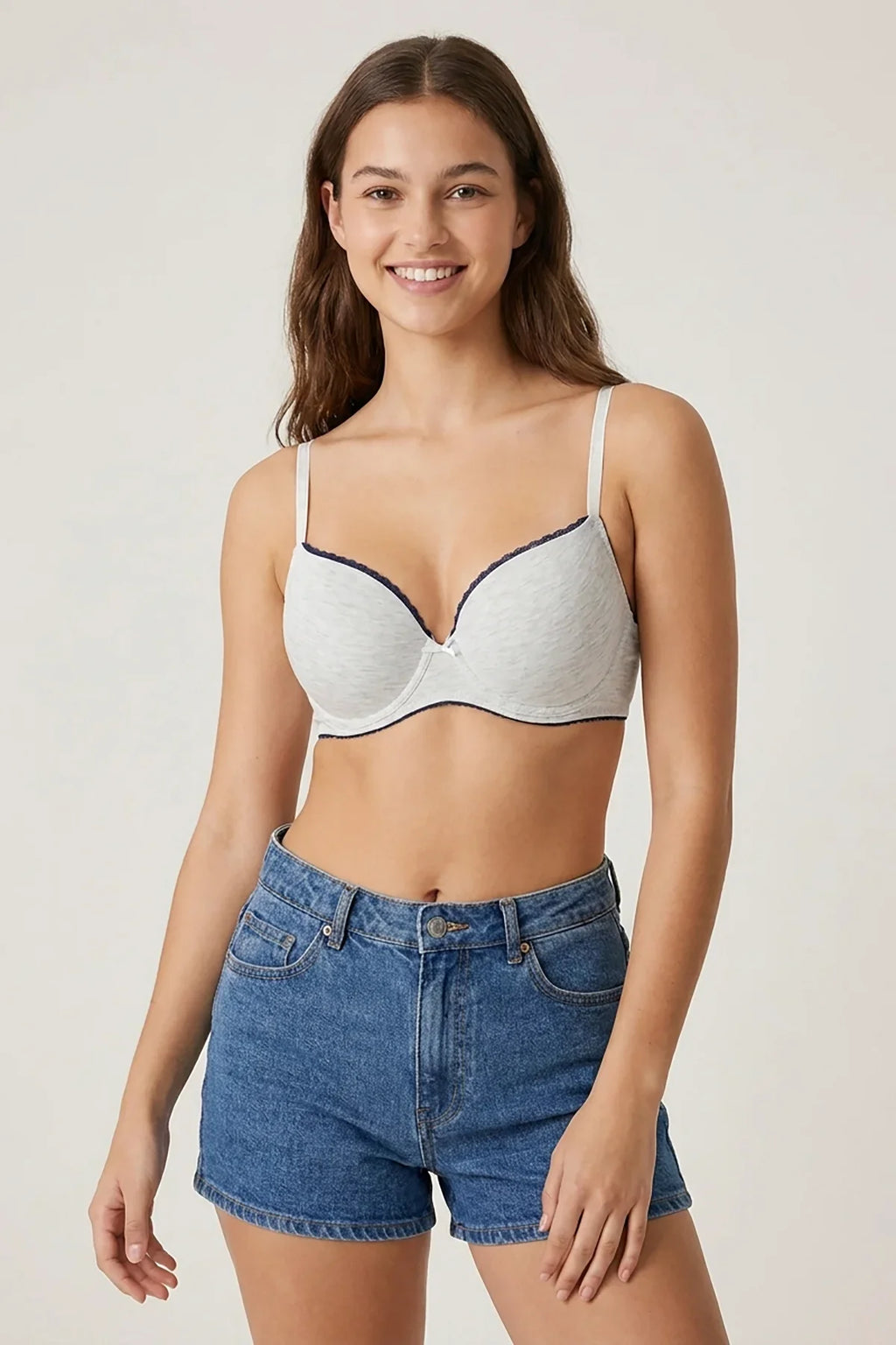 Cosima Wired Push Up Bra Gray – Front view showing push-up cups with lace trim