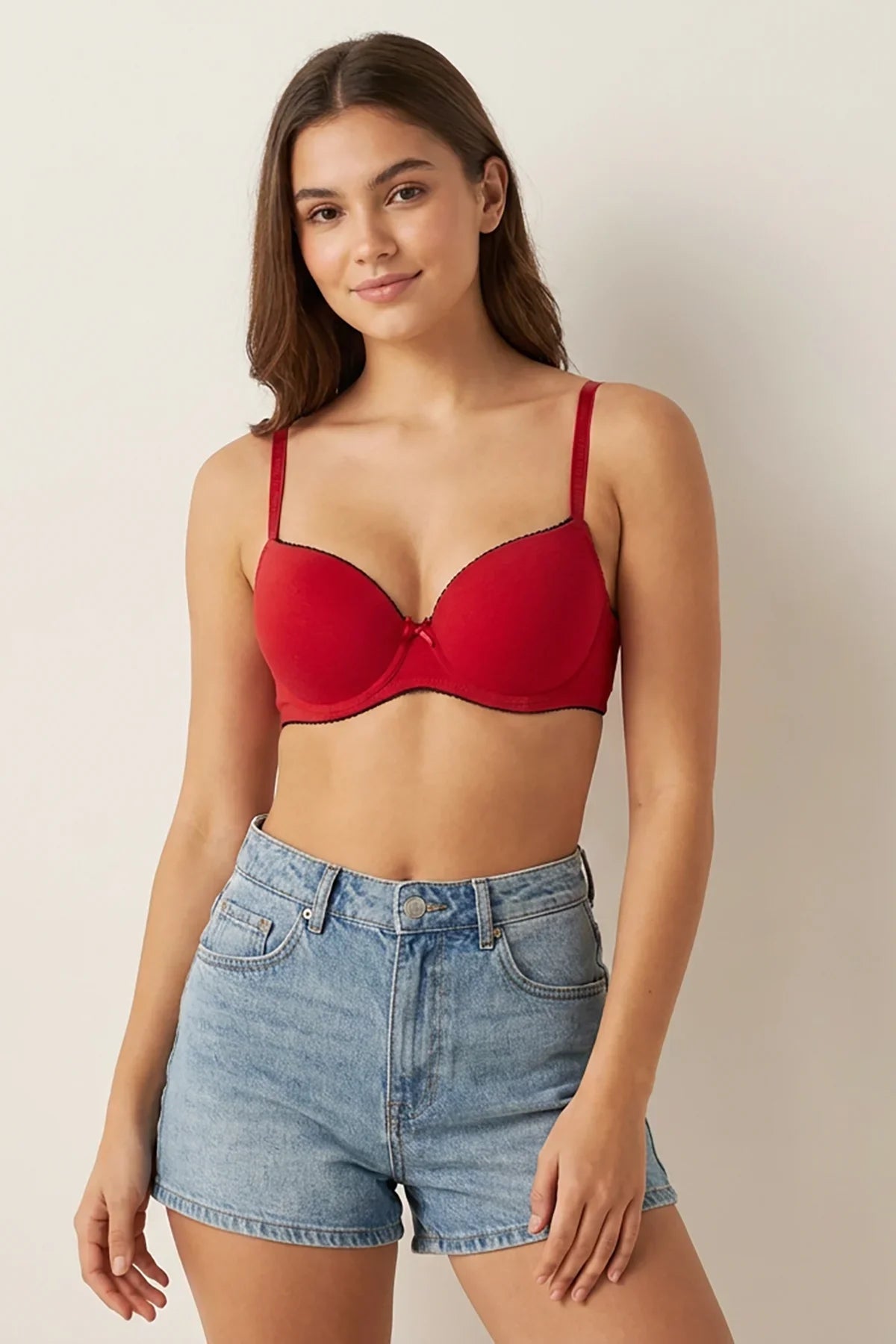 Cosima Wired Push Up Bra Red – Front view on model showing push-up cups