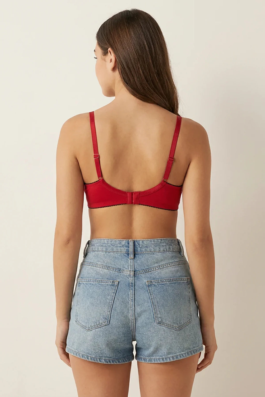 Cosima Wired Push Up Bra Red – Back view on model showing hook closure