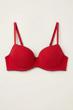 Cosima Wired Push Up Bra Red – Flat lay showing cup shape and black lace trim