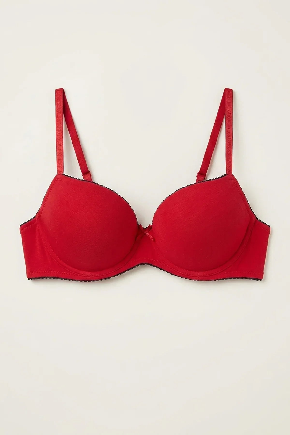 Cosima Wired Push Up Bra Red – Flat lay showing cup shape and black lace trim