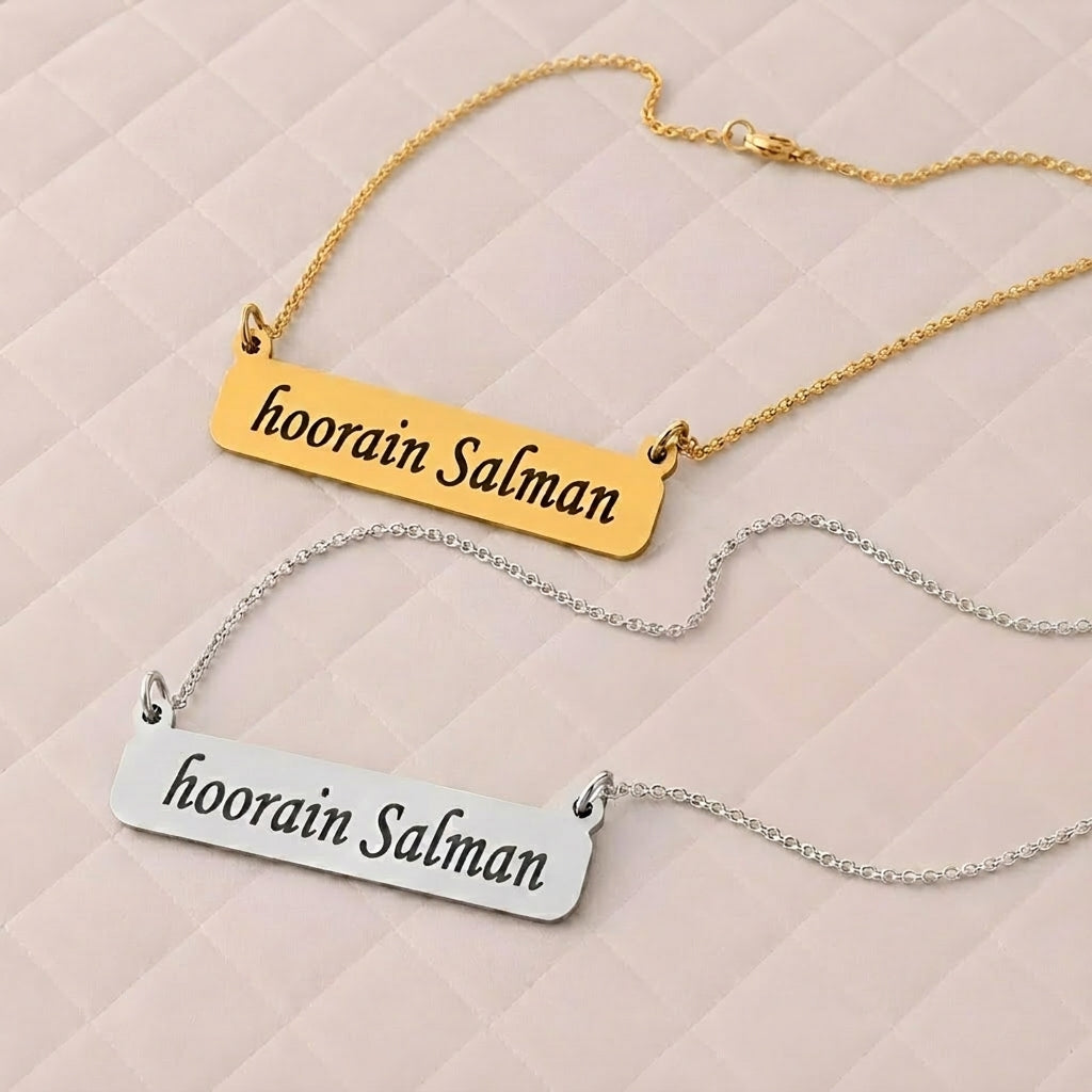 Iconic Name Bar Necklace - Gold and Silver Finish Close-up