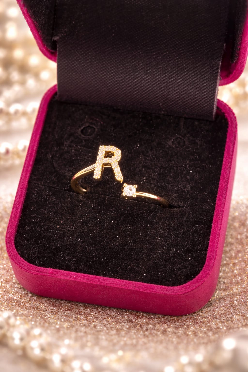 Gold Initial Letter R Ring with Crystal