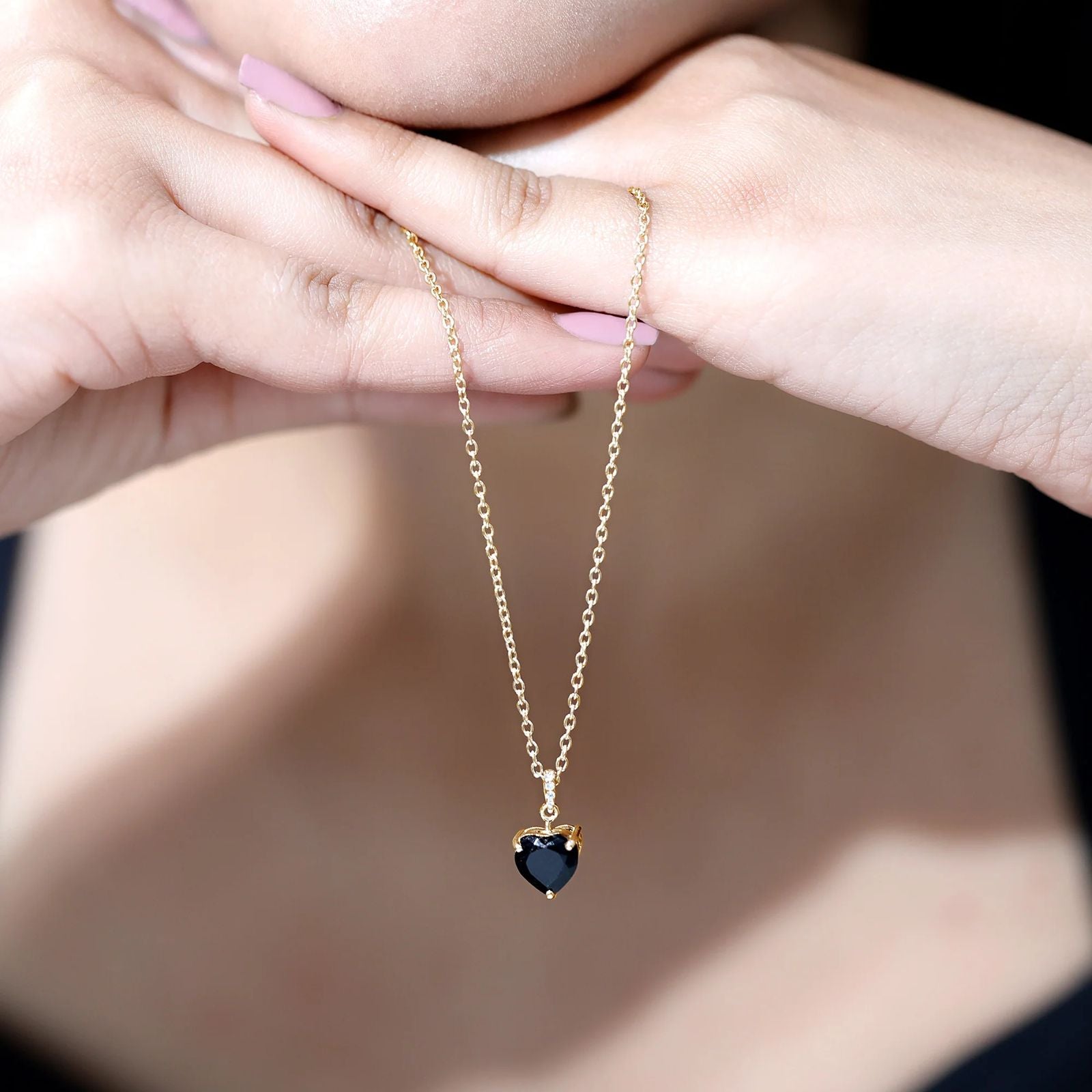 Gold Black Crystal Heart Pendant Necklace