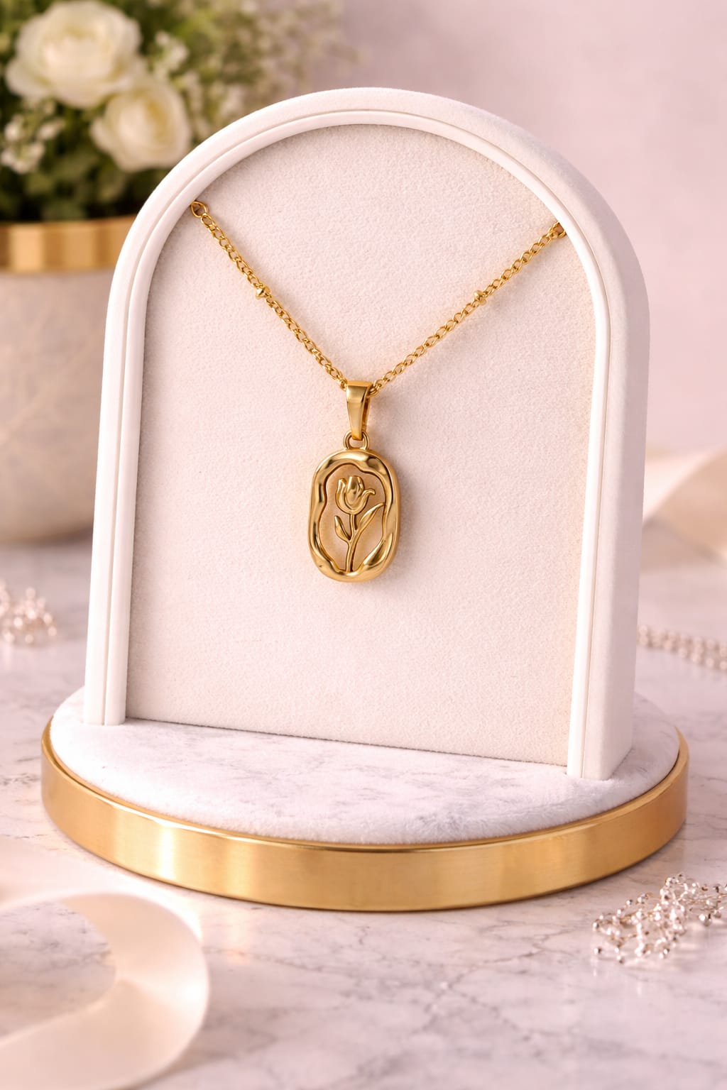 Gold Tulip Flower Pendant Necklace