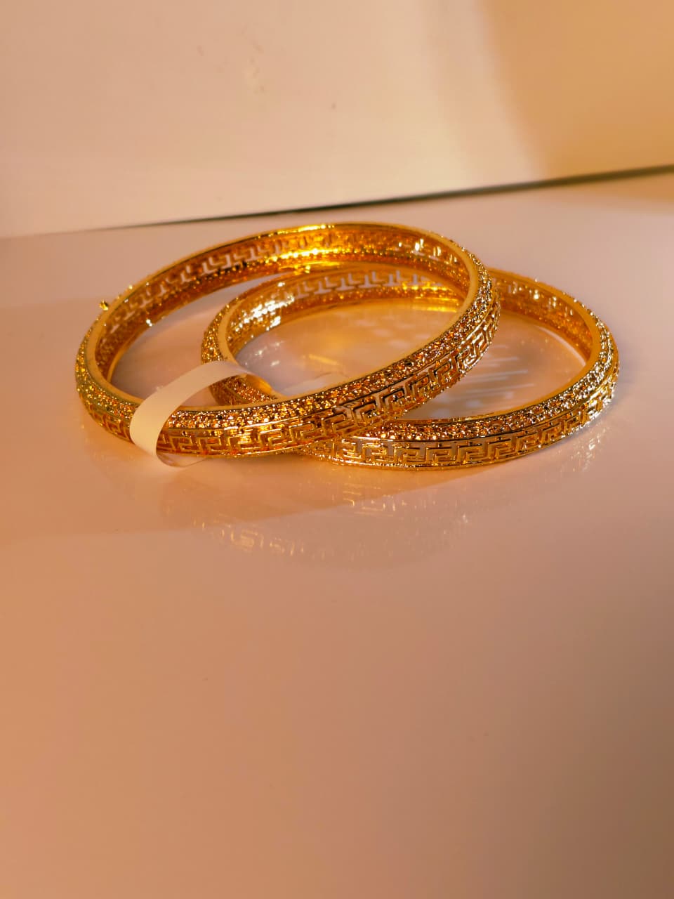 Gold CZ Greek Key Bangle Bracelet Set