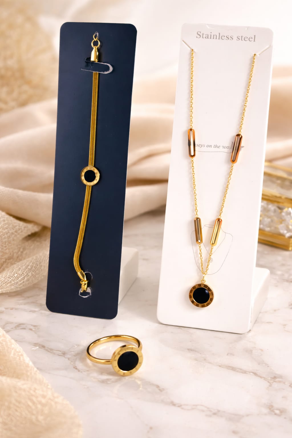 Black Enamel Roman Numeral Stainless Steel Jewelry Set