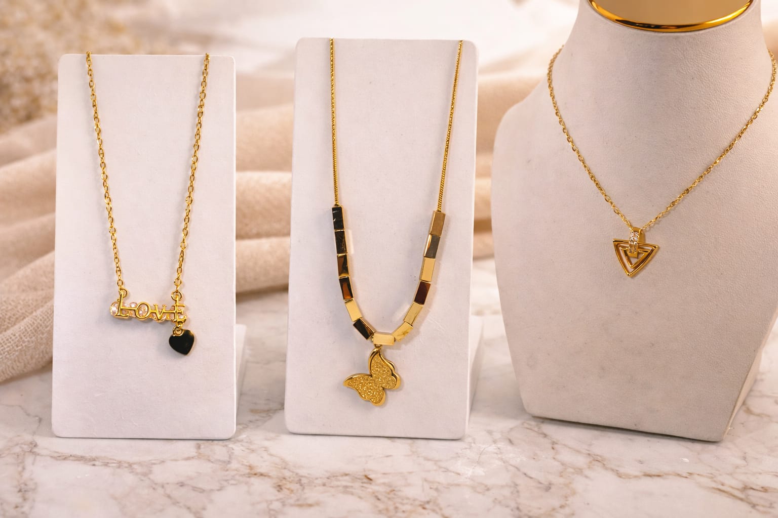 Gold Pendant Necklace Collection - Love, Butterfly & Triangle