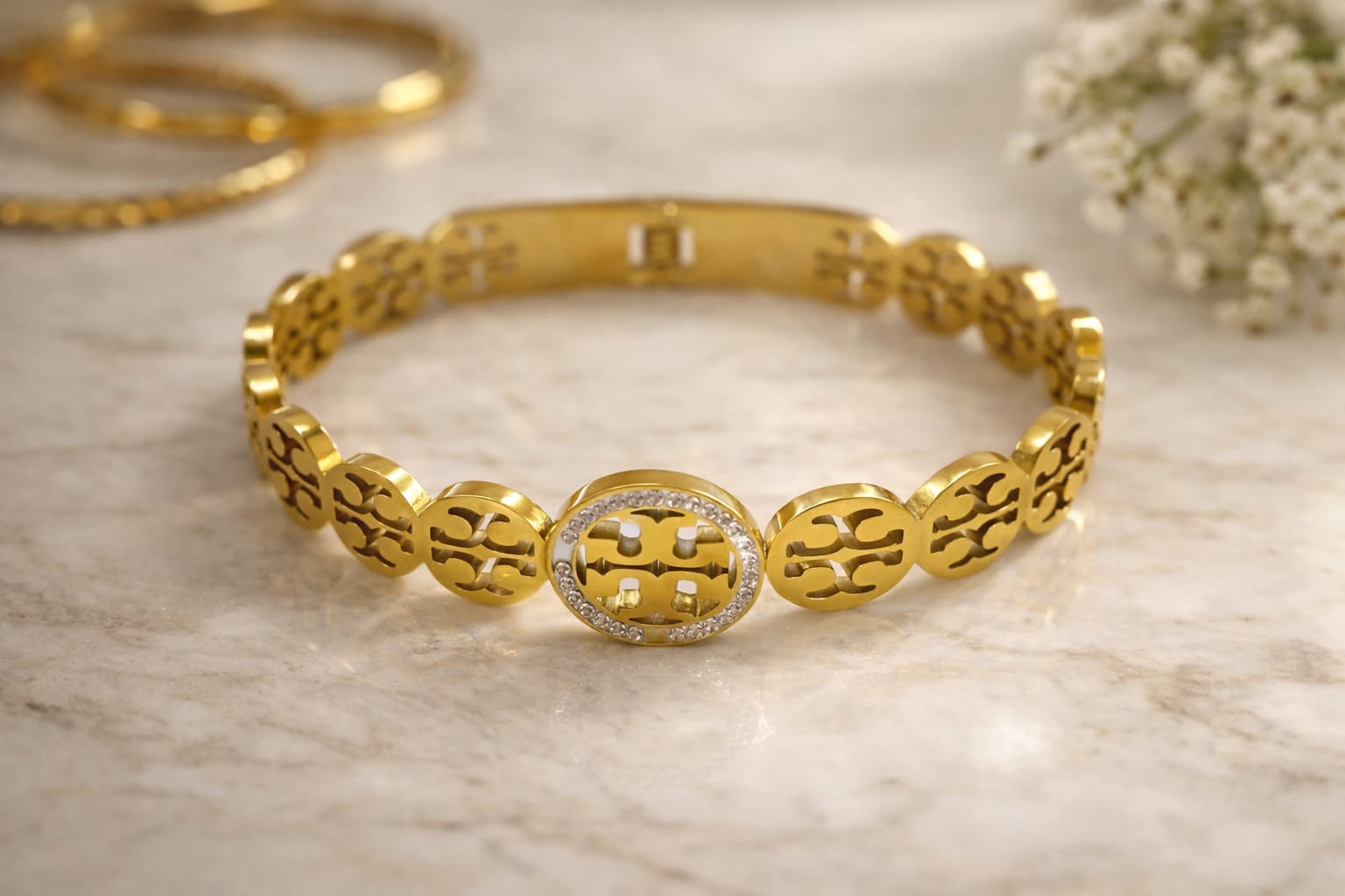 Gold Logo Link Chain Bracelet with CZ Centre Piece