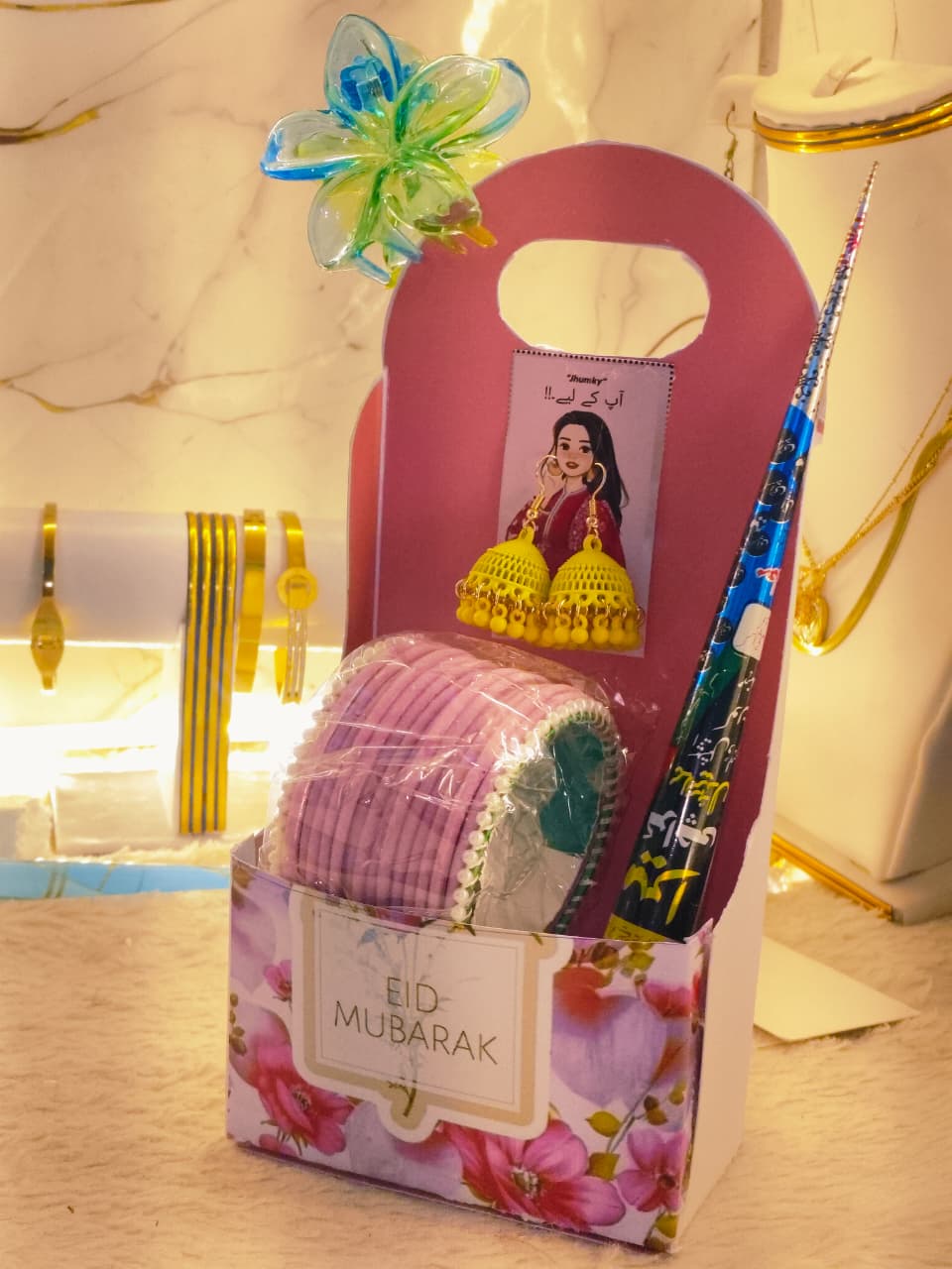 Eid Mubarak Gift Box – Gold Jhumkas, Pink Bangles & Henna Pen