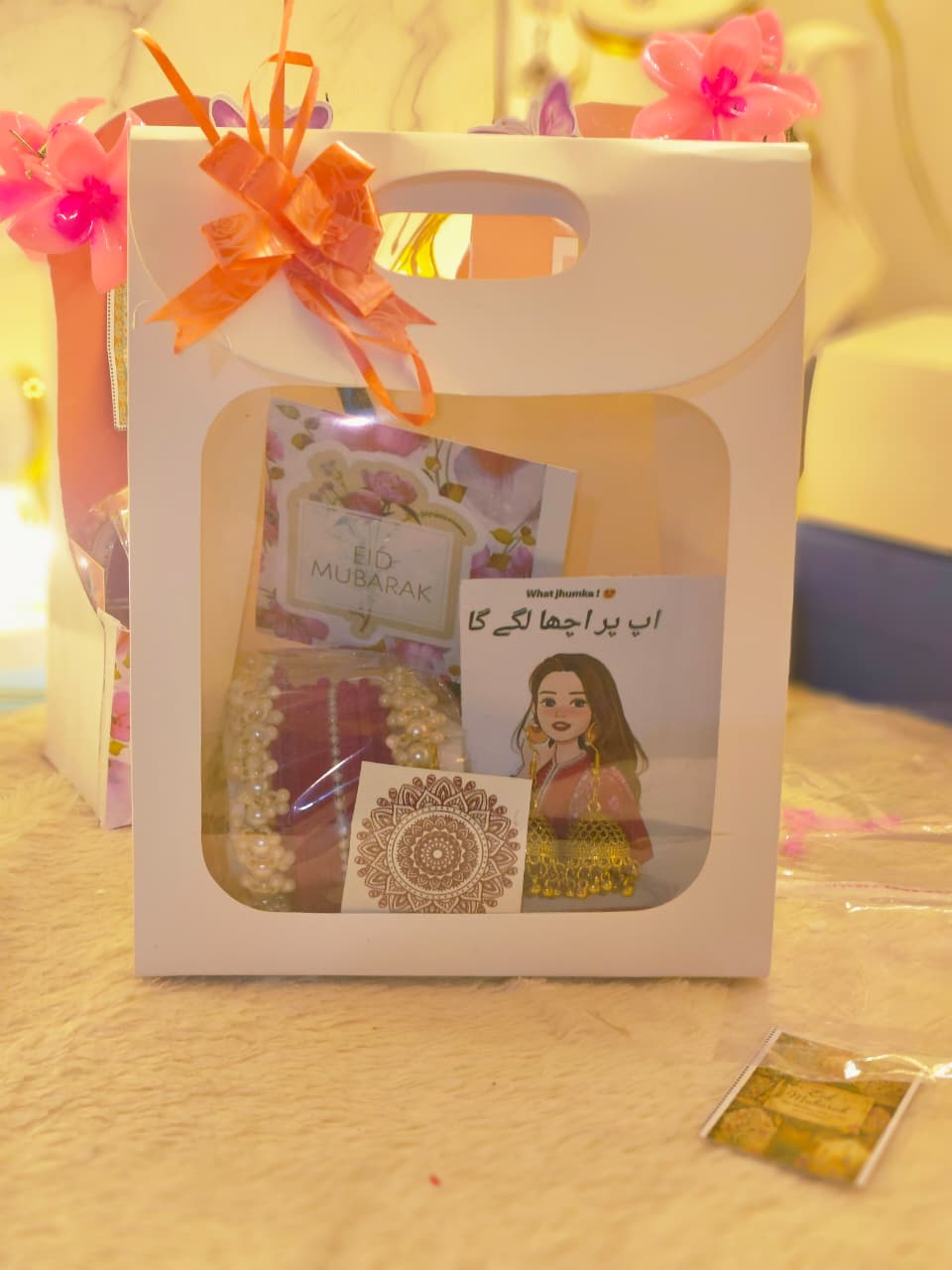 Eid Mubarak Gift Box – Pearl Bangles, Jhumka Card, Mandala Tattoo & Gold Chocolates