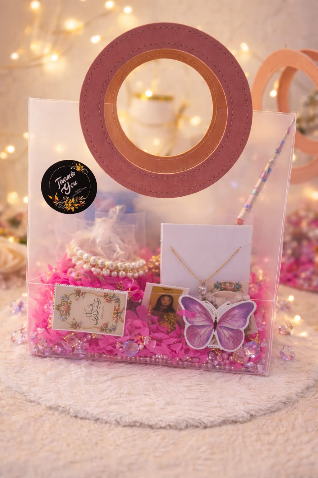Luxury Clear Acrylic Gift Bag – Pearl Bracelet, Gold Necklace & Butterfly Card