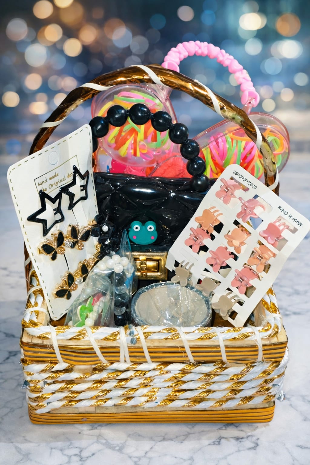 Kids' Gift Basket – Hair Accessories, Bead Bracelet, Frog Coin Purse & Rubber Bands