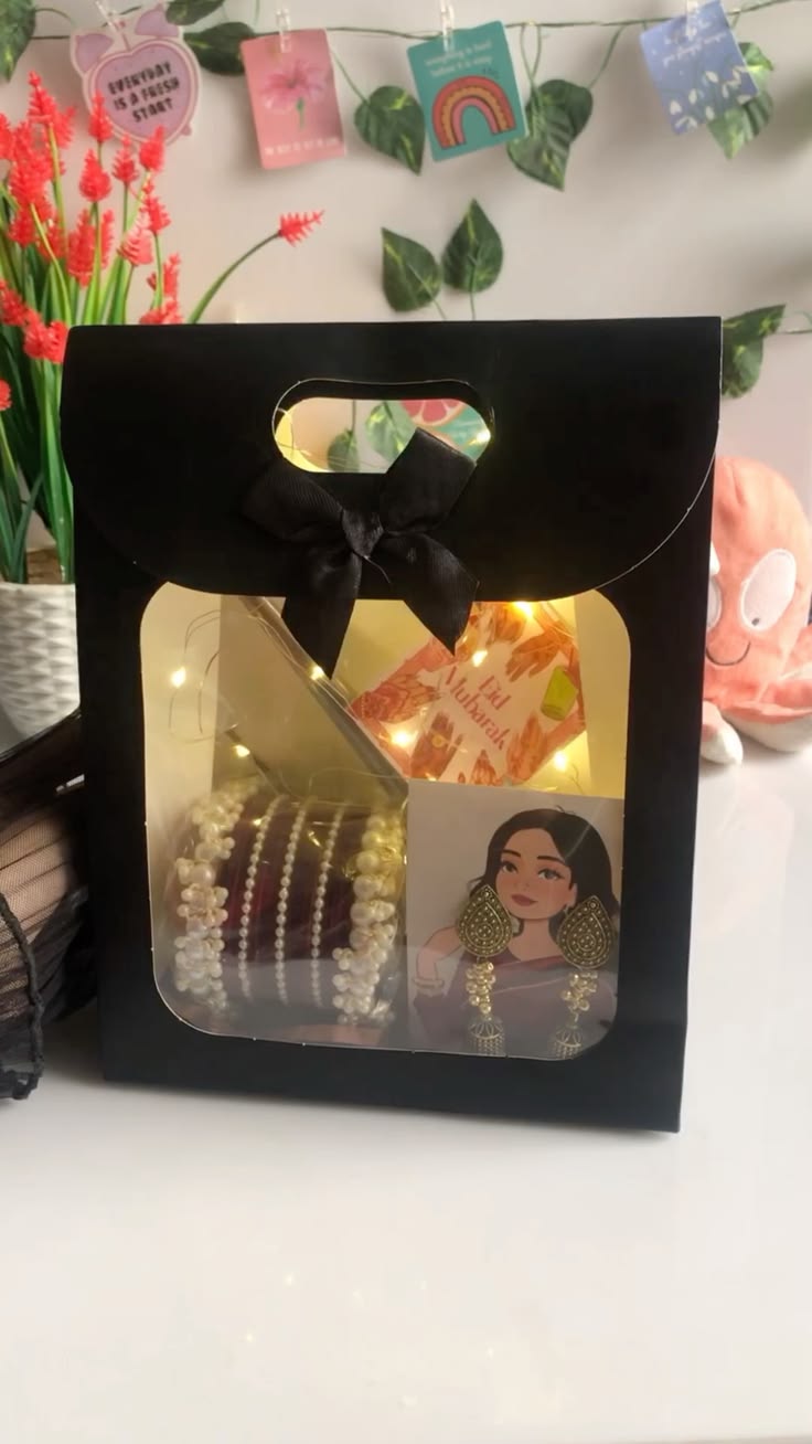 Black Windowed Gift Box – Pearl & Chocolate Bangles, Gold Jhumka Card & Fairy Lights