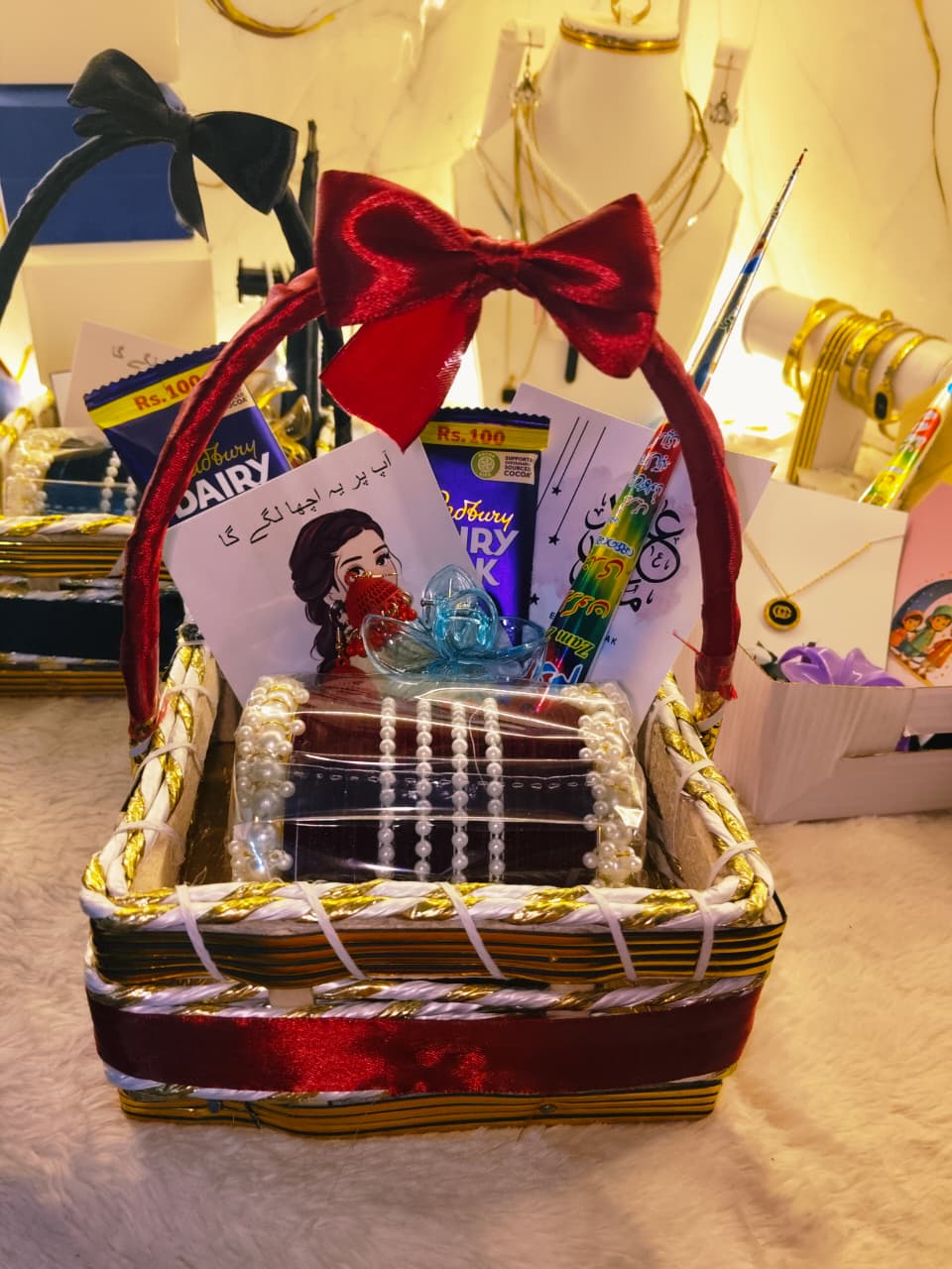 Sweet & Chic Gift Basket – Pearl Bangles, Cadbury Chocolates & Urdu Poetry Card