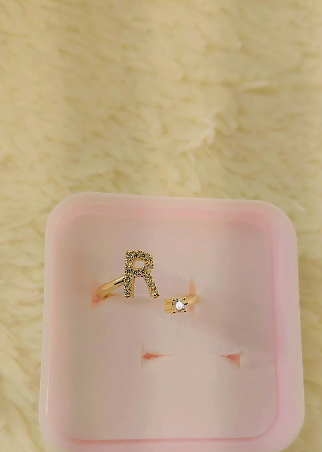 Gold CZ Initial Letter Ring with Solitaire Accent