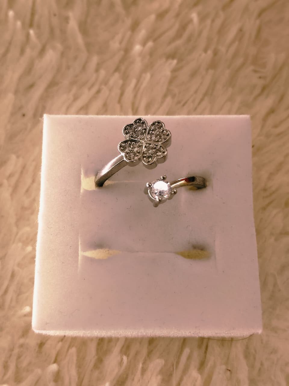 Silver CZ Four-Leaf Clover & Solitaire Ring Set