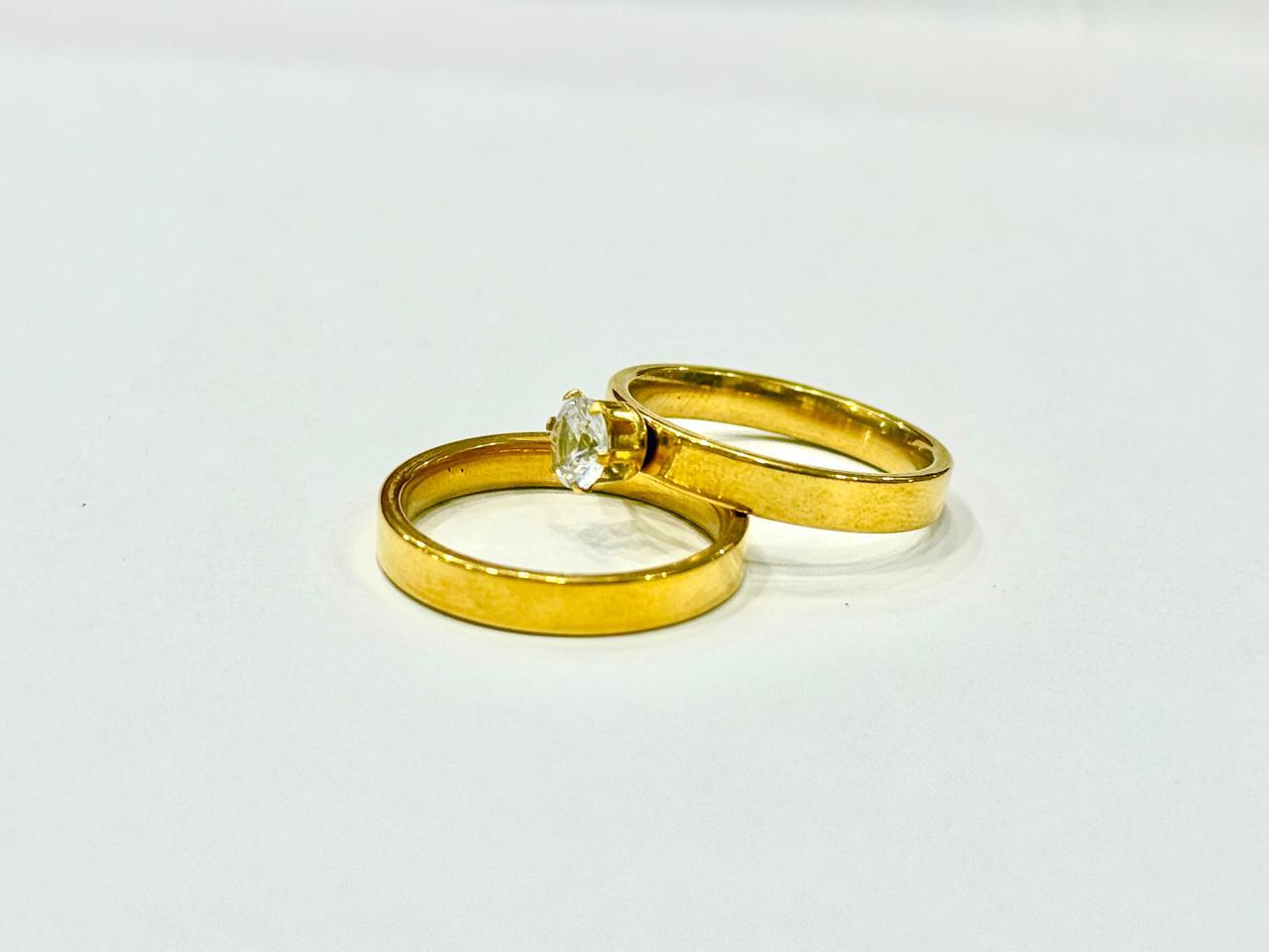 Gold CZ Solitaire Engagement & Plain Band Couple Ring Set