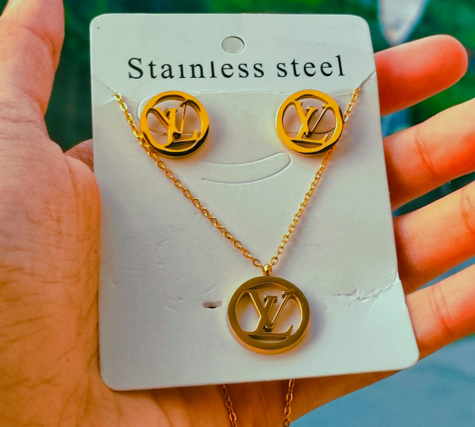 Gold Designer-Inspired Logo Circle Necklace & Earrings Jewellery Set