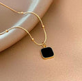 Gold Satellite Chain Black Enamel Square Pendant Necklace