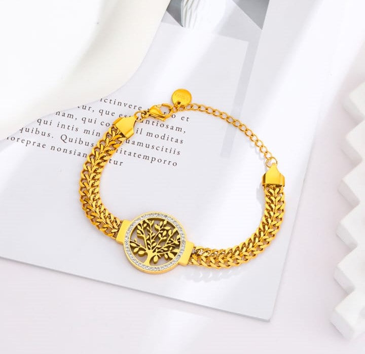 Gold Cuban Chain Tree of Life CZ Bracelet