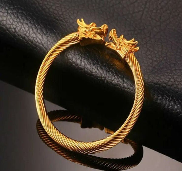 Gold Twisted Cable Dual Dragon Head Cuff Bangle