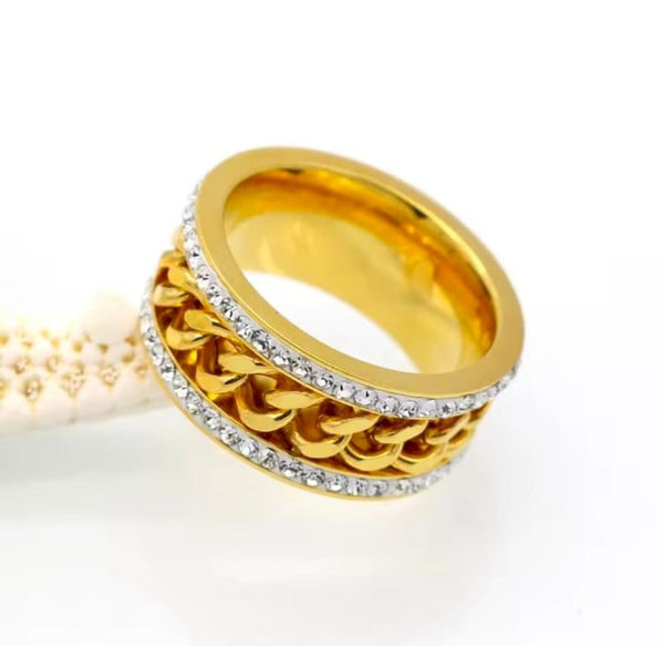 Gold Cuban Chain Spinner Ring with Double CZ Row Band