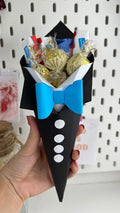 Tuxedo Chocolate Cone Bouquet – Gold Wrapped Chocolates & Blue Bow Tie