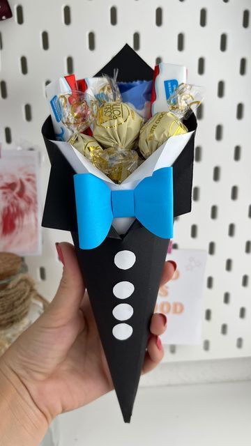Tuxedo Chocolate Cone Bouquet – Gold Wrapped Chocolates & Blue Bow Tie