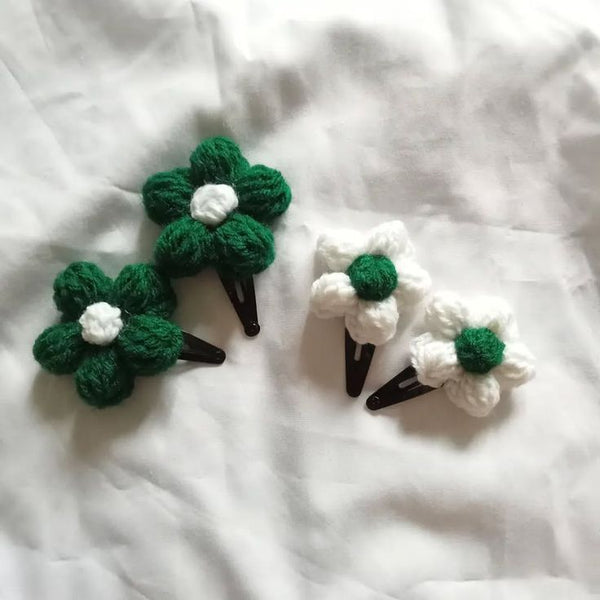 14 August Crochet Flower Hair Clips Green White