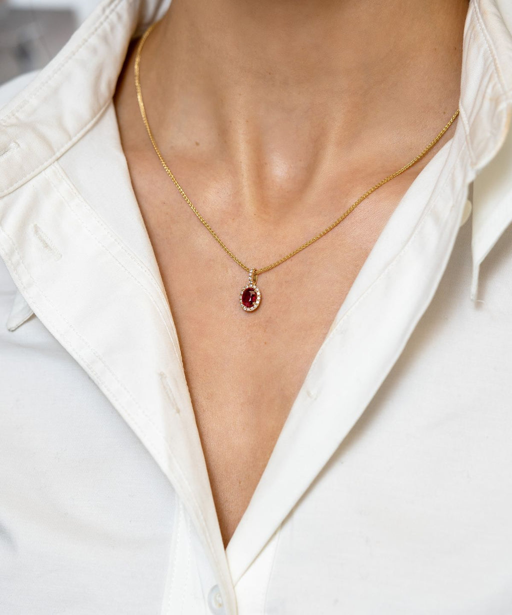 Oval Ruby Pendant Set with Diamond Halo