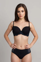Elfrida Wired Push Up Lace Bra Set Black – Front view on model showing plunge push-up cups with lace brief