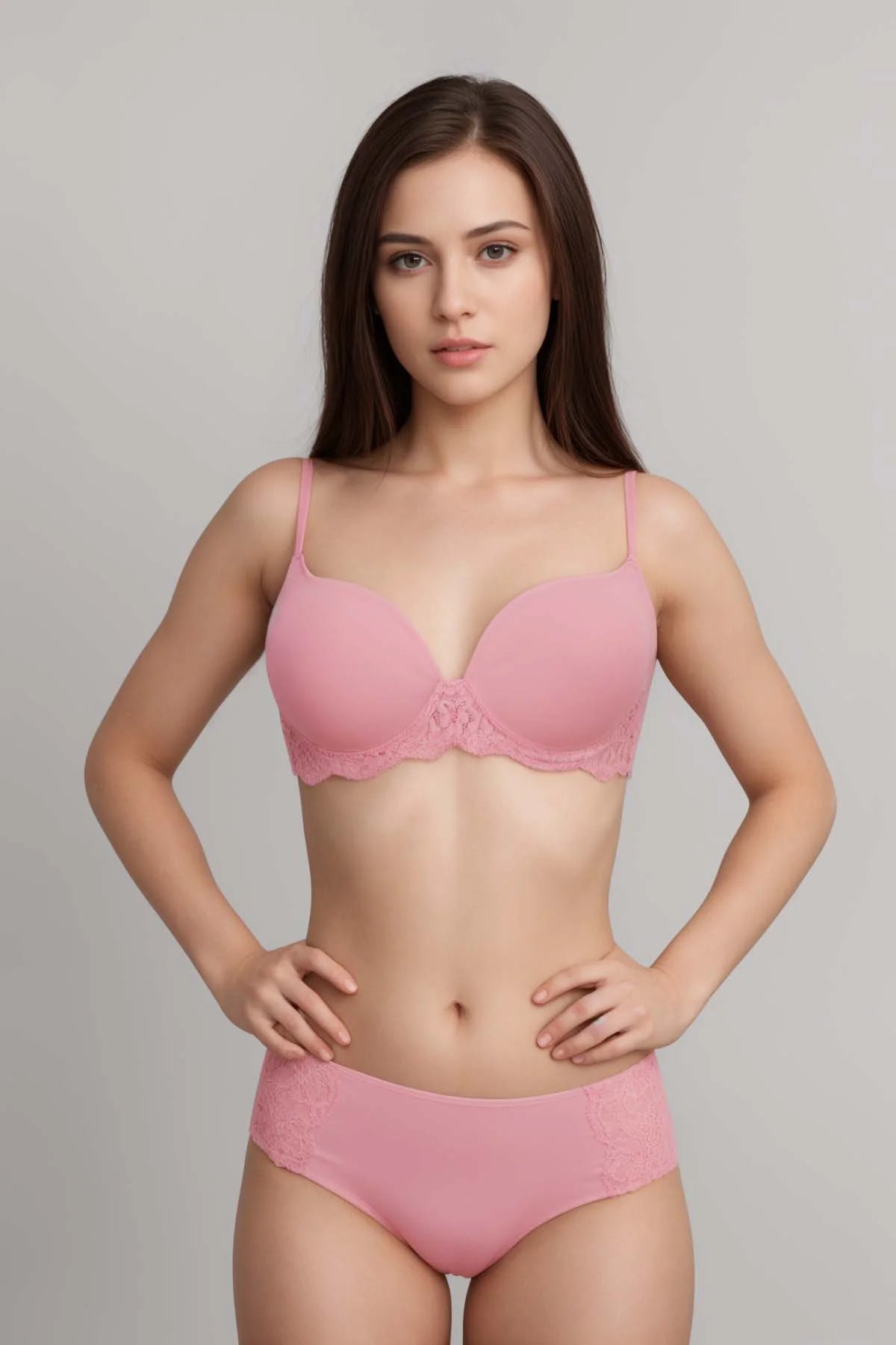 Elfrida Wired Push Up Lace Bra Set Pink – Front view on model showing plunge push-up cups