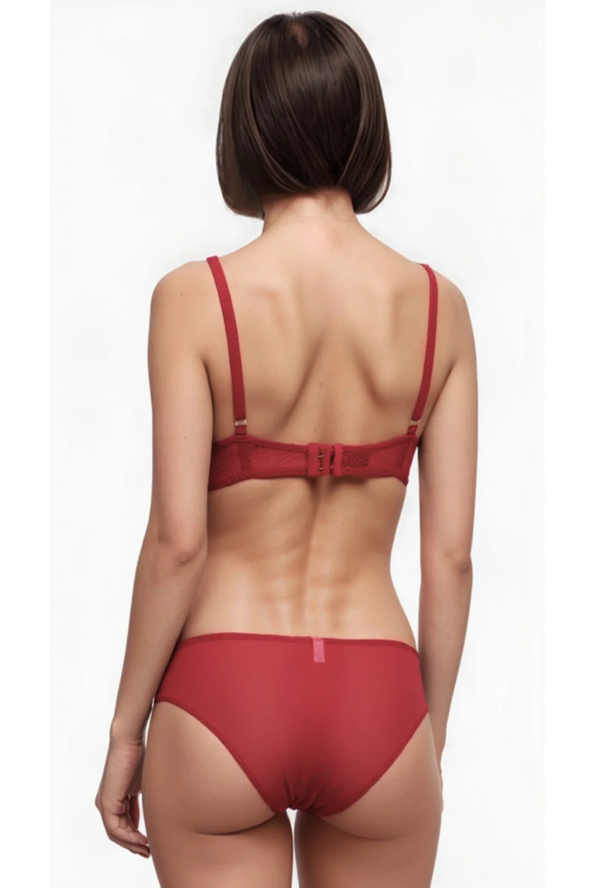 Aria Padded Wired Strapless Demi Bra Set Red – Back view showing hook closure