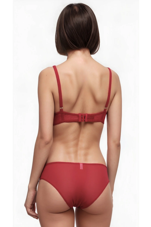 Aria Padded Wired Strapless Demi Bra Set Red – Back view showing hook closure