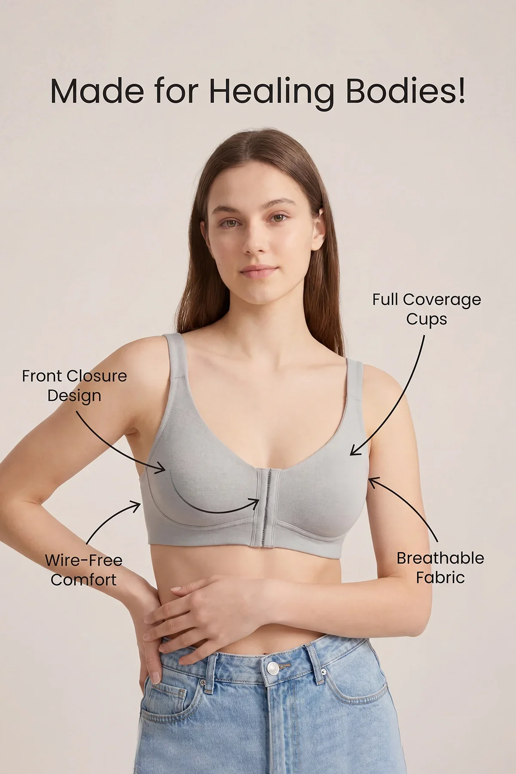 Front Open Bra Grey – Feature callout image showing front closure, full coverage cups, wire-free comfort and breathable fabric