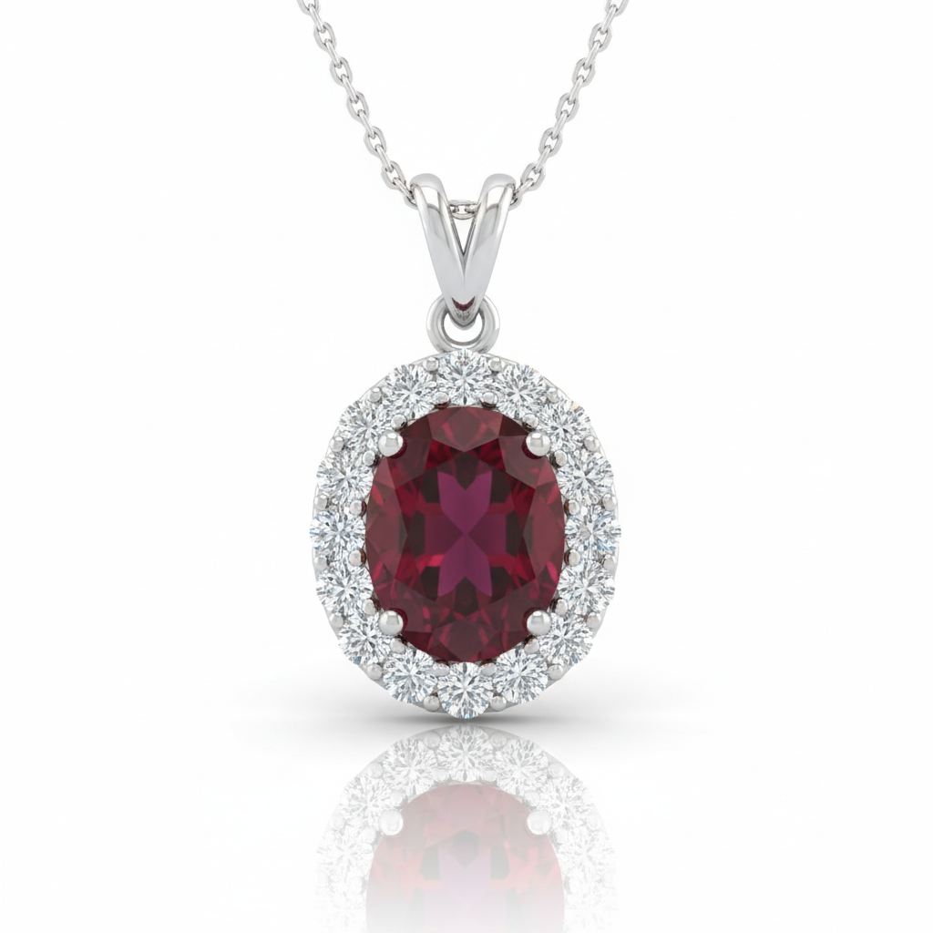 Oval Ruby Pendant Set with Diamond Halo