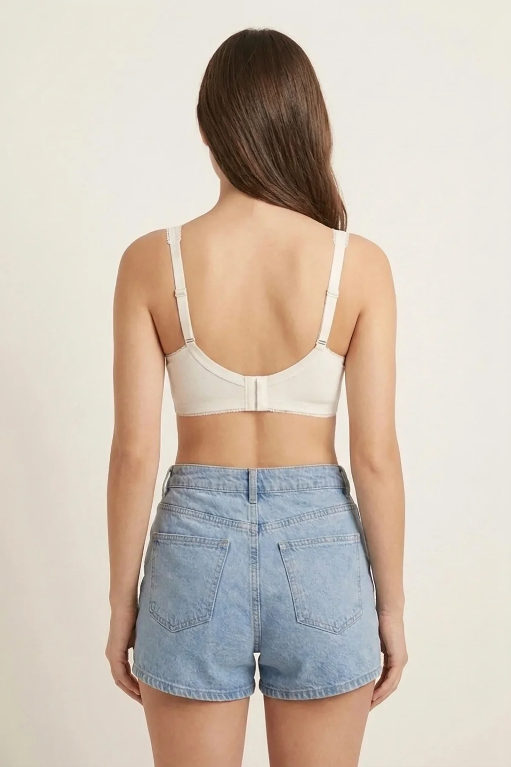Carole Non Wired Non Padded Cotton Bra Vanilla – Back view on model showing hook closure and wide straps