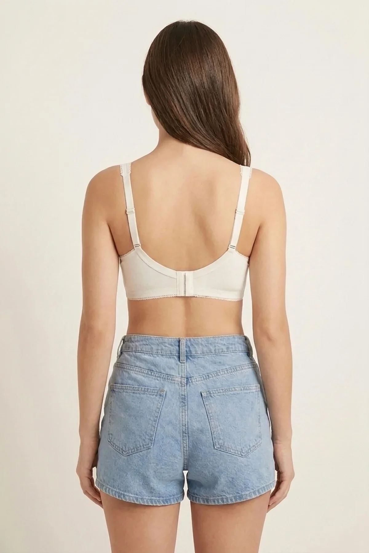 Carole Non Wired Non Padded Cotton Bra Vanilla – Back view on model showing hook closure and wide straps