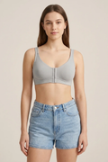 Front Open Bra Grey – Front view on model showing front closure design and full coverage cups