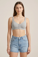 Front Open Bra Grey – Front view on model showing front closure design and full coverage cups